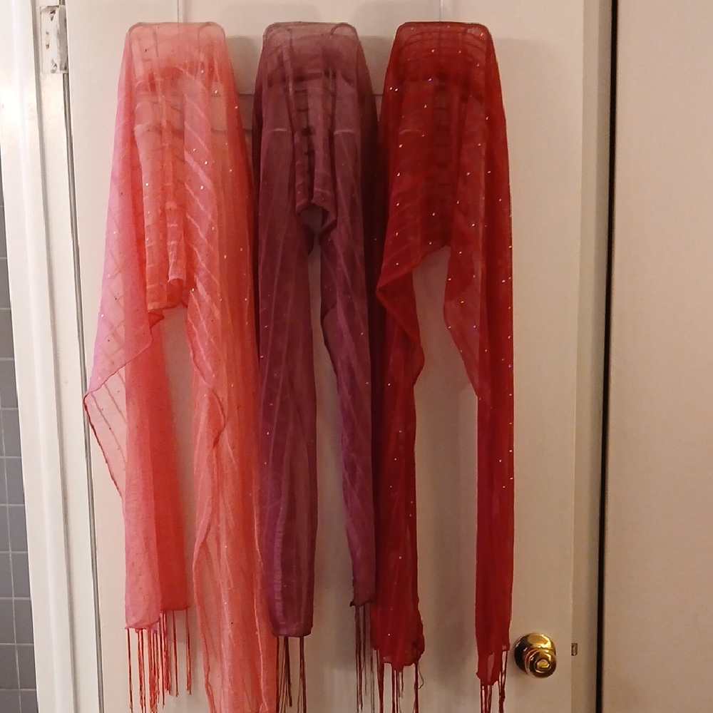 Set of Three Sheer Scarves in Pink, Purple, and Red